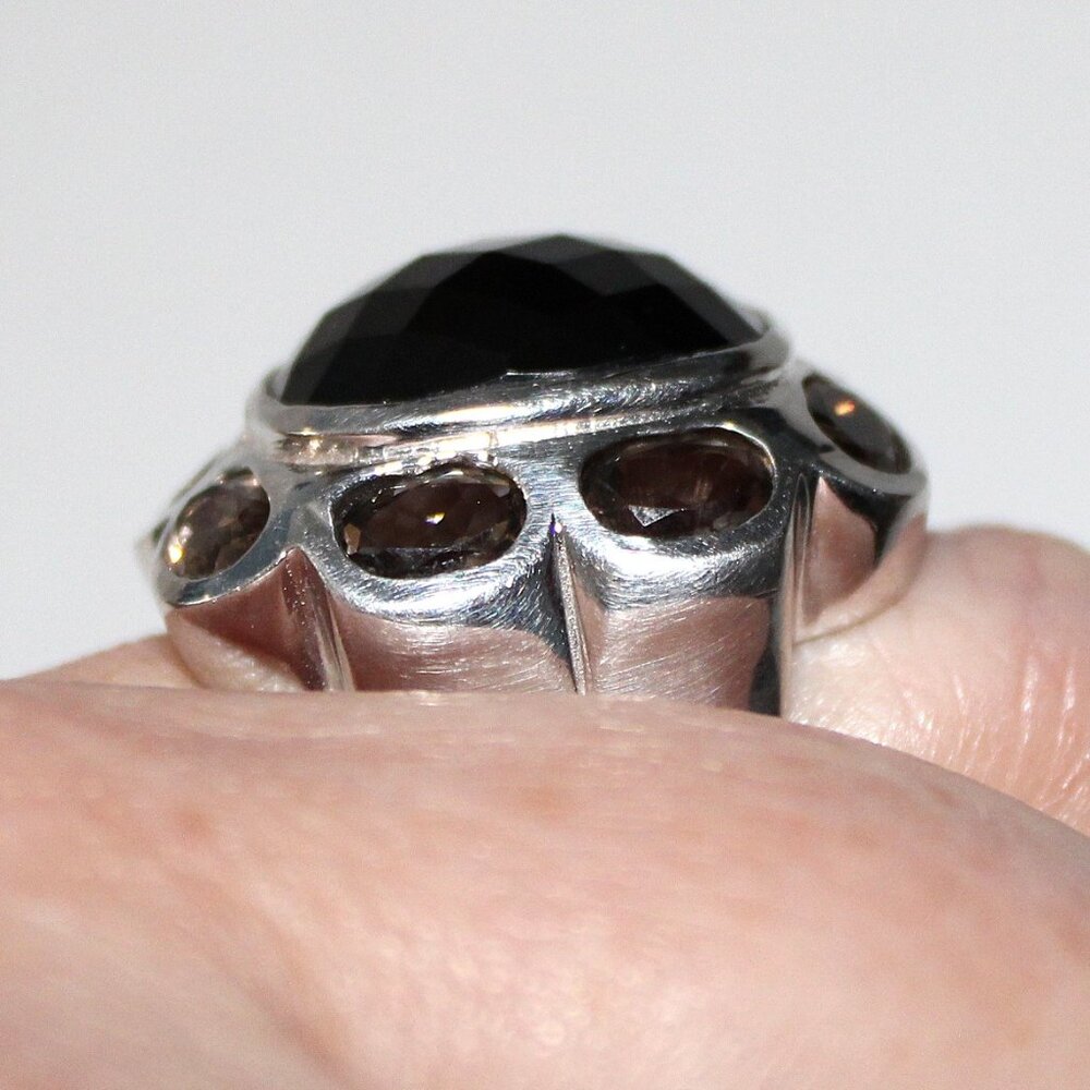 Sterling Silver Smokey Quartz and Spinel Statement Ring 16 Grams SZ 7.5 - Picture 8 of 8